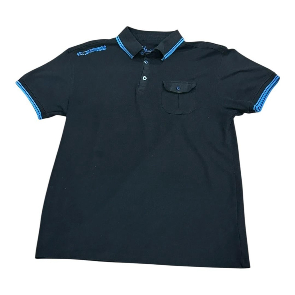 Vroom Sport Polo Shirt Mens Large Black Blue Pocket Trim Athletic Golf